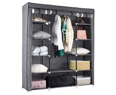 Kleiderschrank Stoffschrank Faltschrank 150 x 175 x 45 cm Kleiderstange 25kg Campingkleiderschrank - mit Reißverschlüssen und verstärkter Kleiderstange - einfaches Zusammenstecken - Vlies in grau