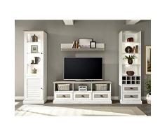 Mediterrane Landhaus Wohnwand Anbauwand in Pinie weiß mit Eiche antik, 160cm Lowboard, Standvitrine mit LED-Beleuchtung, Regalschrank mit Weinfach