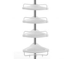 SONGMICS Duschregal höhenverstellbar, Eckregal fürs Badezimmer, Badregal, 95-300 cm, Boden bis Decke, Edelstahl, 4 Ablagen, 3 Haken, 1 Handtuchhalter, weiß-silbern BCB02SW