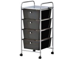 VonHaus Aufbewahrungs-Trolley Rollcontainer Rollwagen Aufbewahrungsboxen mit 4 Fächern, Chromrahmen und Rädern in Schwarz für Heim und Büro
