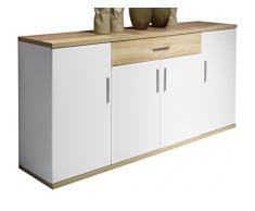 trendteam Wohnzimmer Sideboard Schrank Wohnzimmerschrank Arena, 180 x 87 x 41 cm in Korpus Weià Front Weià Hochglanz, Absetzungen Eiche Sägerau hell mit viel Stauraum
