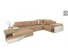 Ledersofa Wohnlandschaft XXL sandbeige / creme Ledercouch U-Form Ecksofa Sofa Design Couch mit LED-Licht BERGAMO
