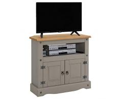 CARO-Möbel TV Rack RAMNON Regal TV Schrank Kiefer massiv im Mexiko Stil, grau gebeizt/gewachst, 2 Türen, 1 offenes Fach