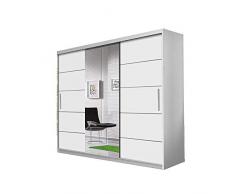Schwebetürenschrank Alba 250 cm, Schiebetürenschrank mit Spiegel, Kleiderschrank mit Kleiderstange und Einlegeboden, Schlafzimmerschrank, Schiebetüren, Modern Design (Weiß / Weiß + Spiegel)