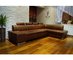 Quattro Meble Echtleder Ecksofa London II 4z 300 x 185 Sofa Couch mit Schlaffunktion, Bettkasten und Kopfstützen Glatt Echt Leder Sauvage Cognac Eck Couch Ledersofa große Farbauswahl
