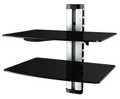 RICOO DVD-S2 Multimedia Regal aus Glas, Silber Schwarz mit Kabelkanal & Höhenverstellbar, 2 Ablagen für TV Zubehör Lautsprecher Boxen Receiver Beamer
