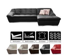 Cavadore Leder-Sofa Lucas / Ledercouch mit Steppung und Schlaffunktion / Longchair rechts / Inkl. Bett und Bettkasten / Größe: 287 x 81 x 165 (BxHxT) / Leder schwarz