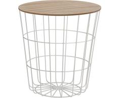 Meinposten Beistelltisch Nachttisch Tisch Korb mit Stauraum Ø 39 cm H=41 cm couchtisch rund drahtkorb Metall Holz weiß mit Deckel