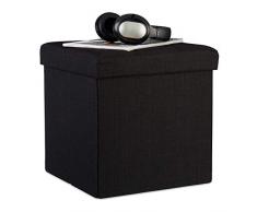 Relaxdays Faltbarer Sitzhocker, 38 x 38 x 38 cm, Sitzcube als Fußablage, Sitzwürfel aus Leinen, Deckel zum Abnehmen, schwarz