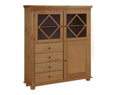 Loft24 Hochschrank Vitrine Highboard Wohnzimmerschrank Landhaus Vitrinenschrank Kiefer Holz massiv, 2 Glastüren, 4 Schubladen, 125 x 35 x 140 cm (gebeizt geölt)
