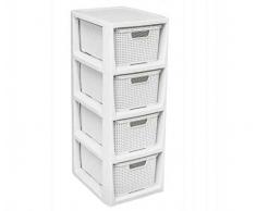 Korbregal Korbkommode Badschrank Badregal Aufbewahrungsbox 4 Schubladen Rattan (Weiß)