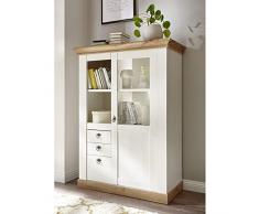 Lomadox Landhaus Highboard Vitrinenschrank in Pinie weiß/Wotan Eiche Nb. inkl. LED-Beleuchtung, B/H/T: 102/139/44cm