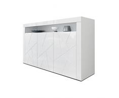 Sideboard Kommode Valencia, Korpus in Weiß matt/Fronten in Weiß Hochglanz Element mit 3D Struktur und Blenden in Weiß Hochglanz