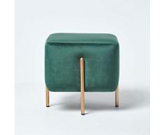 Homescapes skandinavische Samt Sitz Hocker, Nordische Pouf im minimalistischen Design, Sitzwürfel mit Beinen, einsetzbar als Fußhocker, Ottomane, Sitzpuff, oder Schminktisch Hocker, grün