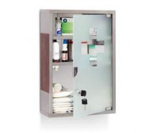 Relaxdays Medizinschrank EMERGENCY Edelstahl und Holz-Optik XL HBT: 45 x 30 x 12 cm mit 3 Fächern und Glas-Tür zum Abschließen inkl. 2 Schlüsseln für Erste Hilfe moderner Stil fürs Bad, silber / braun