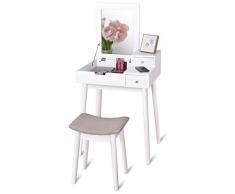COSTWAY Schminktisch weiß, Frisiertisch Set mit Klappspiegel, Kosmetiktisch mit Schubladen, Frisierkommode mit Schminkhocker, Schminkkommode aus Holz (Modell 1)