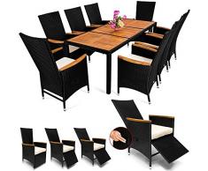 Deuba Poly Rattan Sitzgruppe 7cm Auflagen Fuß-/Rückenlehne Verstellbar 8 Stühle Gartentisch Armlehnen Holz Gartenmöbel