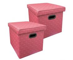 HAC24 2er Set Sitzhocker Aufbewahrungsbox Kunstleder | Sitzwürfel mit Deckel Faltbar | Aufbewahrungs-Box | Dekohocker Kiste Stapelbar (Pink)