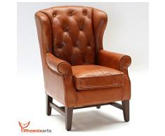 Phoenixarts Chesterfield Vintage Ledersessel Braun Schwarz Echtleder Ohrensessel Design Clubsessel Lounge Sessel (Hellbraun)