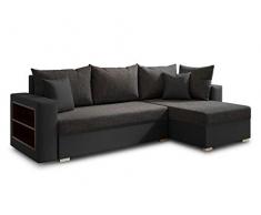 Ecksofa Lord mit Regal und Schlaffunktion - Sofa mit Bettkasten, Schlafsofa, Polsterecke, Couch L-Form, Couchgarnitur, Sofagarnitur (Schwarz + Schwarz (Dolaro 08 + Berlin 02), Ecksofa Rechts)