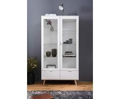 lifestyle4living Vitrine in weiß, Glasvitrine mit Unterbau in Sonoma Eiche-Dekor, Füße in Esche massiv, Vitrinenschrank mit viel Stauraum, 2 Türen und 2 Schubladen