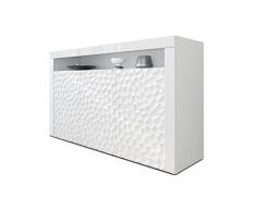Sideboard Kommode Valencia, Korpus in Weiß matt/Fronten in Weiß Hochglanz Calypso mit 3D Struktur und Blenden in Weiß Hochglanz
