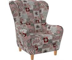 Supellex Sofia Ohrensessel, Fernsehsessel mit Armlehnen ohne Hocker, Design: Patchwork Ornamente, Herz, rot