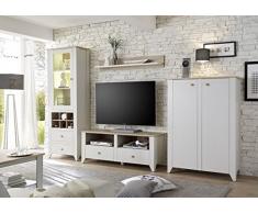 Beauty.Scouts Wohnwand Roma - Set, Glasvitrine, Highboard, TV-Lowboard, Wandregal, Medienwand, Phono Möbel, Aufbewahrung, Landhausstil, Wohnzimmer, B/H/T: 323 ( 307) x 202 x 37 - 45 cm, in nebelgrau NB, Applikation eiche Camargue