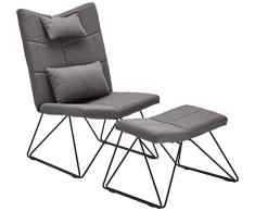 Ibbe Design Grau Bequem Ohrensessel Skandinavisch Fernsehsessel Patchwork Stoff Sessel mit Hocker und Kissen, Schwarz Metall Gestell, 65x85x100 cm