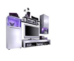 trendteam Wohnzimmer Anbauwand Wohnwand Wohnzimmerschrank Punch, 228 x 183 x 47 cm in Korpus Weiß, Front Weiß Glanz mit LED Farbwechselbeleuchtung