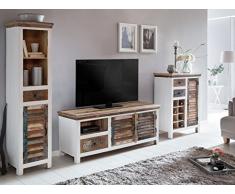 Woodkings® Wohnwand Perth 3teilig weiß bunt antik Vintage Lowboard TV-Bank Kommode Weinregal Hochschrank recyceltes Hartholz Schränke Wohnmöbel