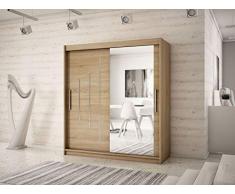 Kryspol Schwebetürenschrank York 2-150 cm mit Spiegel Kleiderschrank mit Kleiderstange und Einlegeboden Schlafzimmer- Wohnzimmerschrank Schiebetüren Modern Design (Sonoma)