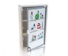 HI Medizinschrank Metall mit Glastür und Schloss (bedruckt) in Weiß - Arzneimittel Schrank zur Medikamenten Aufbewahrung, abschließbares Schränkchen, Hängeschrank mit Glastür