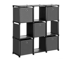 SONGMICS Würfelregal, 9 Würfel Bücherregal, Treppenregal mit 5 Aufbewahrungsboxen, DIY Aufbewahrung für Kleidung, mit robustem Metallrahmen, inklusive Gummihammer, 105 x 30 x 105 cm, schwarz LSN95BK