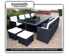 Ragnarök PolyRattan Essgruppe DEUTSCHE Marke - EIGNENE Produktion - Tisch 8 Stuhl 4 Hocker - 8 Jahre GARANTIE auf UV Beständig - Garten Möbel Glas Polster Möbeldesign schwarz Aluminium Rostfrei