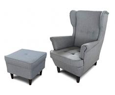 Ohrensessel Sessel King - Lounge Sessel mit Armlehnen - Retro Stuhl aus Stoff mit Holz Füßen - Polsterstuhl für Esszimmer & Wohnzimmer (Grau (Inari 91), mit Hocker)