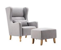 MCombo Ohrensessel Fernsehsessel Relaxsessel Polstersessel, mit Hocker, Stoff, Hellgrau