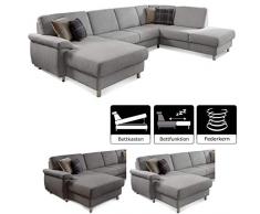 CAVADORE Wohnlandschaft Winstono mit Federkern / U-Form mit Bettfunktion und Bettkasten im Longchair links / 317 x 88 x 220 / Hellgrau