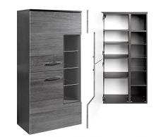 Badmöbel Komplett Set, Eiche Rauschsilber Nb. mit graphit, 120cm Waschtisch-Unterschrank mit Waschbecken, 3D LED Spiegelschrank mit Steckdose, Hochschrank, Unterschrank, Hängeschrank & Highboard