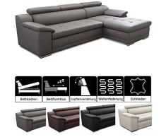 CAVADORE Schlafsofa Aniamo in Echtleder / Ecksofa mit Schlaffunktion, Bettkasten, Kopfteilverstellung und großem Longchair / 270 x 80 x 165 / Leder, Grau