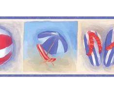 Chesapeake Beach-Flip Flops Ball Chair Regenschirm Eimer und Schaufel blau rot Beige Tapetenrand für Badezimmer, Kinderzimmer, Roll-15 x 5