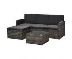 Outsunny Dreiteiliges Gartenmöbel Set, Rattan Sitzgruppe, Sitzgarnitur, Sofa mit Sitzkissen, Kaffeetisch, Fußhocker, Stahl, Grau, 182 x 72 x 76,5 cm