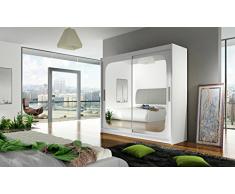 Kleiderschrank mit Spiegel London VIII Schwebetürenschrank, Schiebetürenschrank, Modernes Schlafzimmerschrank 180x215x57cm, Garderobe, Schlafzimmer (Weiß)