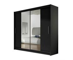 Kleiderschrank London II mit Spiegel, Schiebetürenschrank, Schwebetürenschrank, Modernes Schlafzimmerschrank 180x215x57cm, Garderobe, Schlafzimmer (Schwarz)