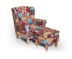 moebel-eins Willy Ohrensessel inkl. Hocker Wing-Chair Sessel Polstersessel Wohnzimmersessel Relaxsessel Sitzhocker Polsterhocker Fußhocker Fußablage/Patchwork, Patchwork bunt