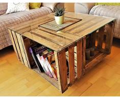 Tisch aus Weinkisten auf Rollen mit Glasplatte geflammt Couchtisch Shabby Chic Vintage Tisch aus Obstkisten Apfelkisten Holzkisten