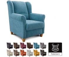 Cavadore Sessel Finja mit Federkern / Ohrensessel im Landhausstil / passender Hocker separat erhältlich / 87 x 102 x 96 / Webstoff Hellblau