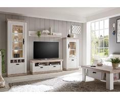 Beauty.Scouts Wohnwand Kiruna IV, Schrankwand, Wohnzimmerschrank, Wohnkombination, 4tlg, Landhausstil, modern, Pinie weiß, Oslo Pinie, 296x201x37cm Größe ohne Beleuchtung