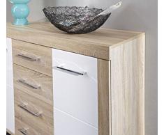 Stella Trading DSHW561020 Sonoma Eiche hell Sideboard Kommode Schrank Mehrzweckschrank Hochglanz Weià MDF, Holz, braun, 45.0 x 129.0 x 88.0 cm