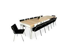 Home Innovation- Nordische KL- Ausziehbarer Konsole, Esszimmertisch und Wohnzimmertisch, rechteckig, Skandinavischer Stil, bis 300 cm, Oberfläche Mattweiß/Gebürstete Eiche. Bis zu 14 Sitzplätze.